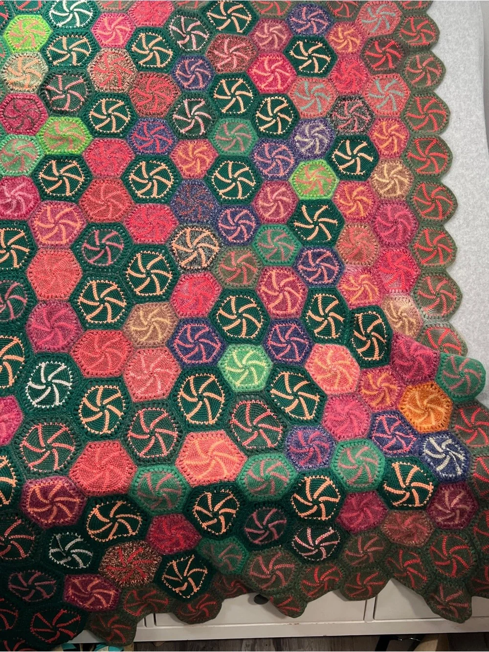 Handmade Multicolor Hexagon Crochet Throw - Green & Pink Accents candy swirl